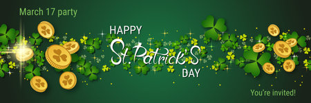 St.Patrick's Day vector banner template. Green gradient background with clover leaves and letteringのイラスト素材