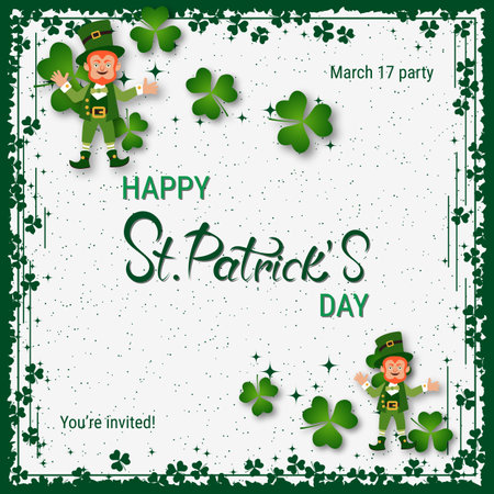 St.Patrick's Day elegant vector illustration. White background with grunge frame, clover leaves and design elementsのイラスト素材