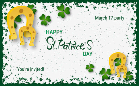 St.Patrick's Day elegant vector illustration. White background with grunge frame, clover leaves and design elementsのイラスト素材