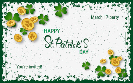 St.Patrick's Day elegant vector illustration. White background with grunge frame, clover leaves and design elementsのイラスト素材