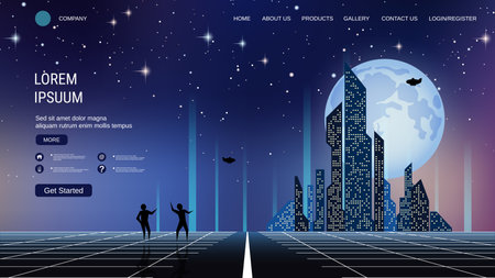 Modern trendy landing page vector design template. Futuristic city backgroundのイラスト素材
