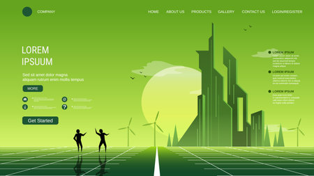 Modern trendy landing page vector design template. Green eco city backgroundのイラスト素材