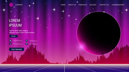 Modern trendy landing page vector design template. Night sky and mountains backgroundのイラスト素材