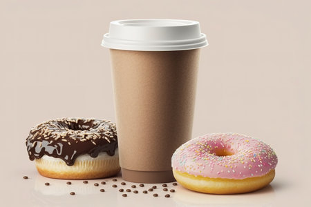Coffee and donuts. Delicious breakfast, Americano and sweets. White background.の写真素材