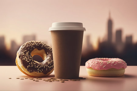 Coffee and donuts. Delicious breakfast, Americano and sweets.の写真素材