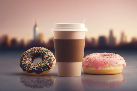 Coffee and donuts. Delicious breakfast, Americano and sweets.の写真素材