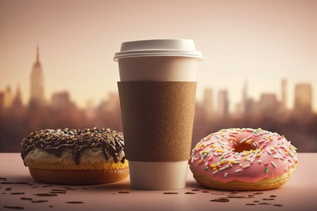 Coffee and donuts. Delicious breakfast, Americano and sweets.の写真素材