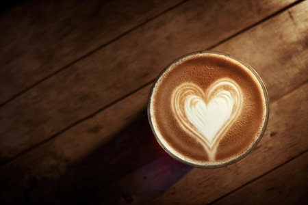 Cappuccino heart painted with coffee foam. Top viewの写真素材