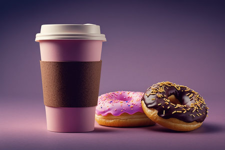 Coffee and donuts. Delicious breakfast, Americano and sweets. Purple tones.の写真素材