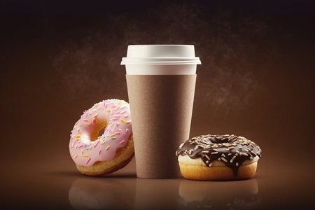 Coffee and donuts. Delicious breakfast, Americano and sweets.の写真素材