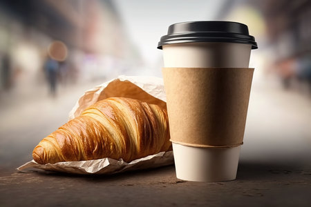 Coffee in a single cup and a croissant on and city in background.の写真素材
