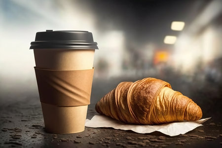 Coffee in a single cup and a croissant on and city in background.の写真素材