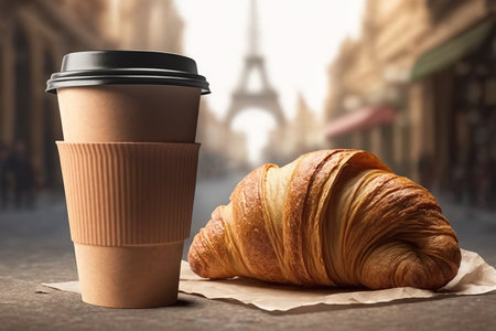 Coffee in a single cup and a croissant on and city in background.の写真素材