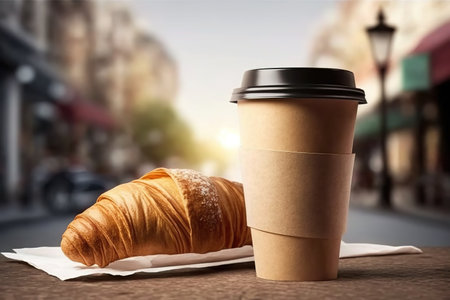 Coffee in a single cup and a croissant on and city in background.の写真素材