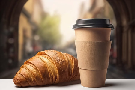 Coffee in a single cup and a croissant on and city in background.の写真素材