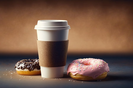 Coffee and donuts. Delicious breakfast, Americano and sweets.の写真素材