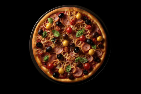 Pizza view. Black background isolated. high quality photoの写真素材