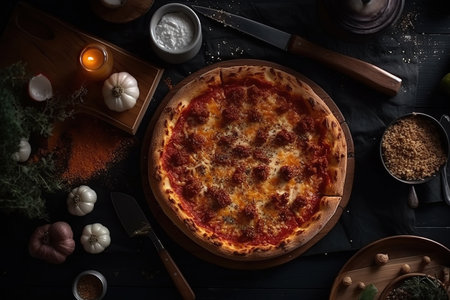 Pizza is delicious top view. Ingredients for pizza are nearby. high quality photoの写真素材