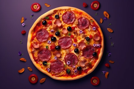 Pizza view. Purple background isolated. high quality photoの写真素材
