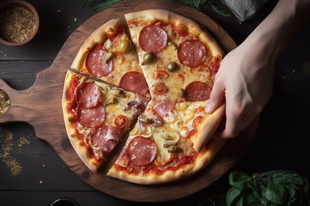Pizza is delicious top view. A man's hand takes a slice of pizza. high quality photoの写真素材