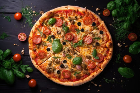 Pizza is delicious top view. Ingredients for pizza are nearby. high quality photoの写真素材