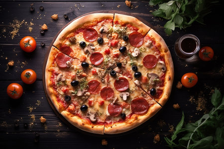 Pizza is delicious top view. Ingredients for pizza are nearby. high quality photoの写真素材