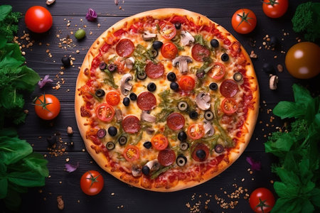 Pizza is delicious top view. Ingredients for pizza are nearby. high quality photoの写真素材
