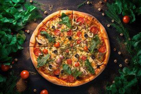 Pizza is delicious top view. Ingredients for pizza are nearby. high quality photoの写真素材