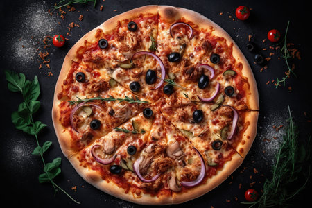 Pizza is delicious top view. Ingredients for pizza are nearby. high quality photoの写真素材