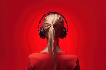 A blond woman listens to music with headphones. Red background isolated.の素材