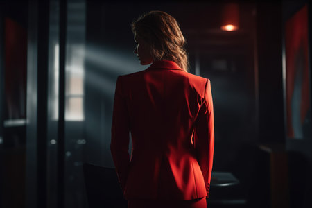 Businesswoman in a red suite in the office.の写真素材