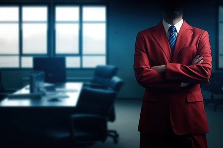 Businessman in red suite, arms crossed, in the officeの写真素材