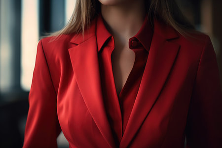 Businesswoman in a red suite in the office.の写真素材