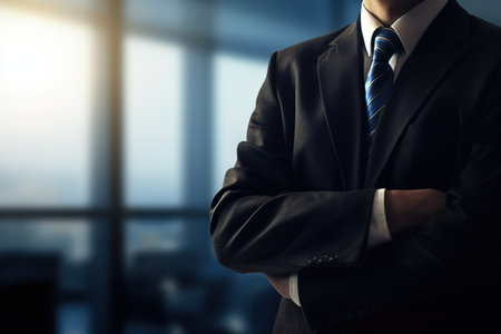 Businessman in a confident pose, arms crossed, in the officeの写真素材