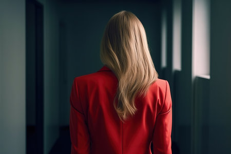 Businesswoman in a red suite in the office.の写真素材