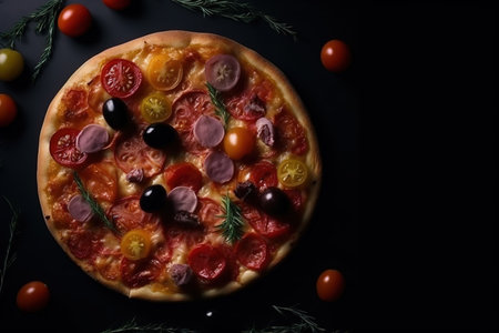 Hot pizza top view. Black background isolatedの写真素材