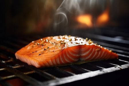 Juicy piece of salmon coocking on hot grill. high quality photoの写真素材