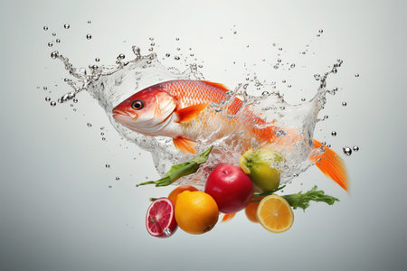fish, vegetables and water splash. white background. high quality photo