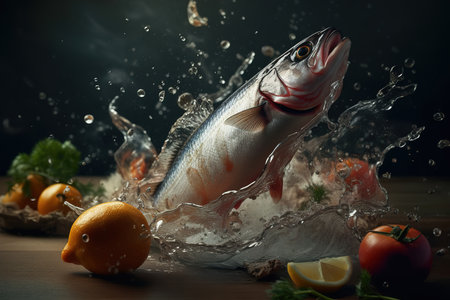 Fish and vegetables fly apart, cooking and water splash. high quality photoの写真素材