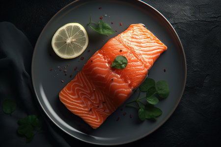 Juicy piece of salmon on the table in the restaurant. top view. high quality photoの写真素材