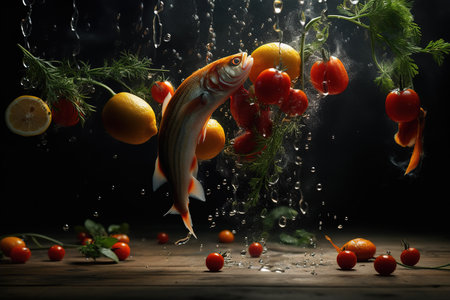 Fish and vegetables fly apart, cooking and water splash. high quality photoの写真素材