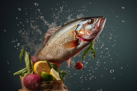 Fish and vegetables fly apart, cooking and water splash. high quality photoの写真素材