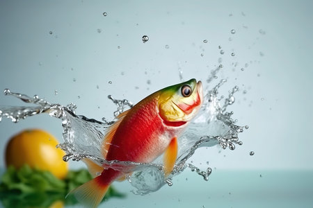 Fish, vegetables and water splash. White background.の写真素材