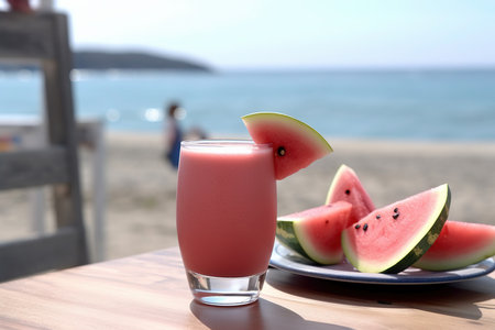 Refreshing pink cocktail by the sea. fresh waterlemon. Summer, beach and vacation. high quality photoの写真素材