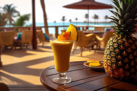 Refreshing pink cocktail by the sea. fresh waterlemon. Summer, beach and vacation. high quality photoの写真素材