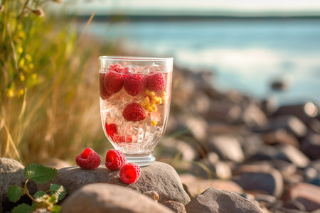Refreshing red cocktail by the sea. Raspberries. Summer, beach and recreation. high quality photoの写真素材