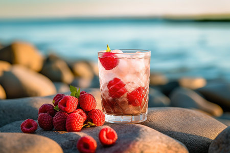Refreshing red cocktail by the sea. Raspberries. Summer, beach and recreation. high quality photoの写真素材
