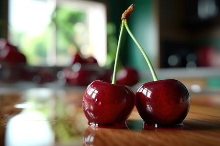 Delicious cherry berry close-up, lying on the table, kitchen in the background. high quality photo