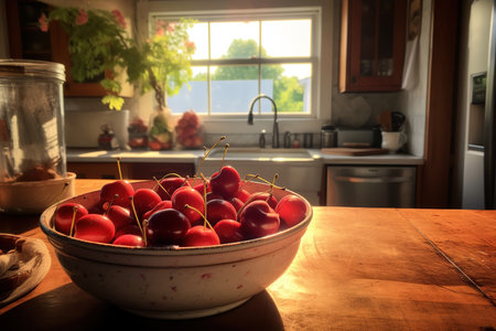 Delicious cherry berry close-up, lying on the table, kitchen in the background. high quality photoの写真素材