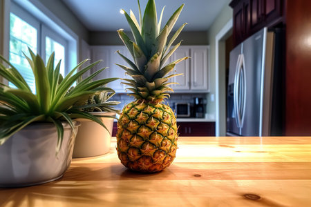 Delicious pineapple close-up, lying on the table, kitchen in the background. high quality photoの写真素材